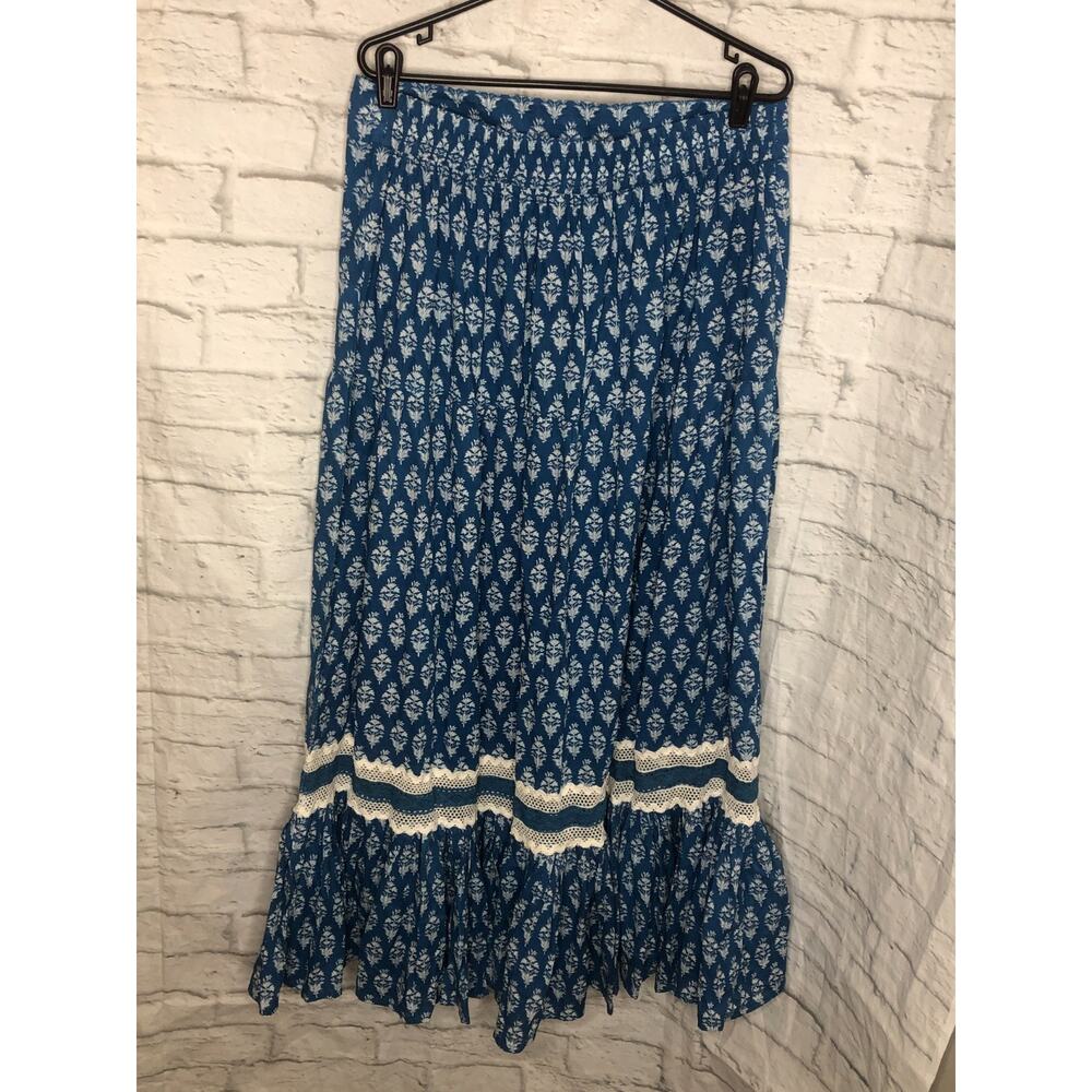 Solitaire Tiered Maxi Skirt Blue Embroidered Crochet Boho Peasant Cottagecore XL - Picture 3 of 4